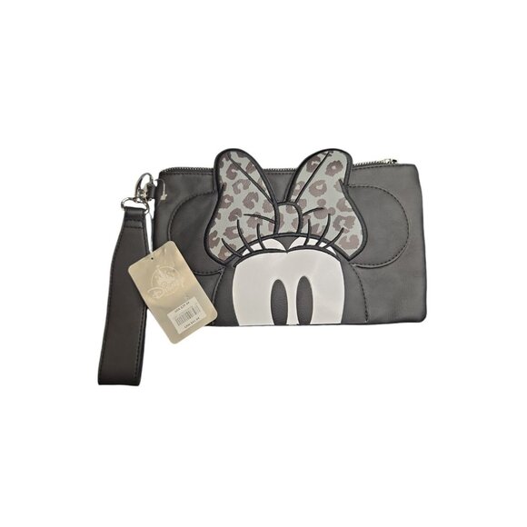 NWT Disney Minnie‎ Mouse Gray Wristlet Bag With Leopard Bow & Ears - Picture 1 of 3